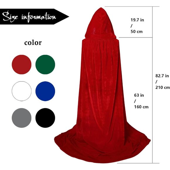 Women's Red Witch Imported Velvet Cloak Halloween Hooded Cape Medieval Costume - Picture 7 of 7